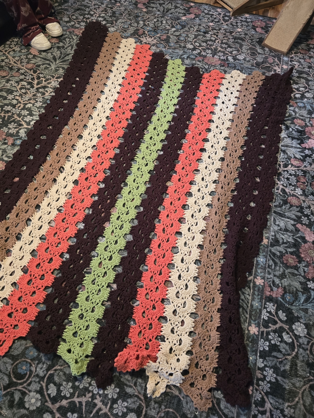 Vintage Handmade Crochet Afghan Blanket – Brown, Orange & Avocado Green, 58x74
